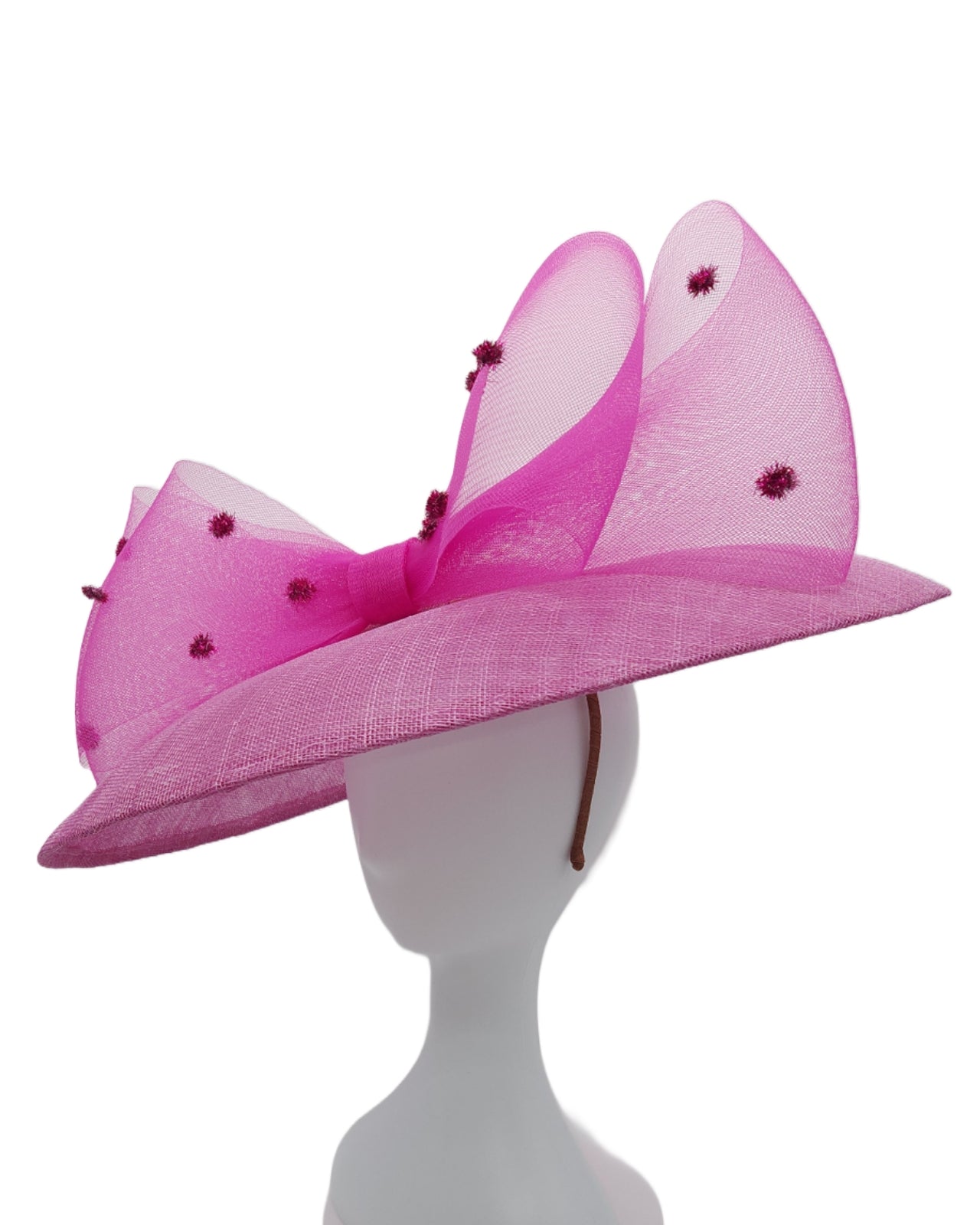 Pom pom bow wide brimmed hat