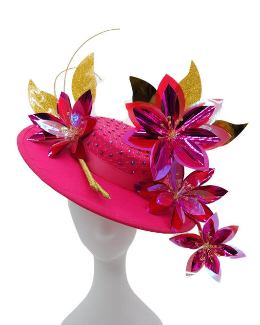 Fuchsia and Gold Floral Boater